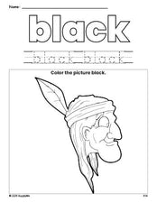 Free Thanksgiving Native American color black coloring page and color worksheet, black worksheet for preschoolers to learn colors, printable PDF