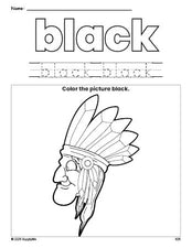 Free Thanksgiving Native American color black coloring page and color worksheet, black worksheet for preschoolers to learn colors, printable PDF