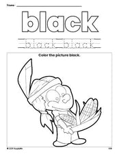 Free Thanksgiving Native American color black coloring page and color worksheet, black worksheet for preschoolers to learn colors, printable PDF