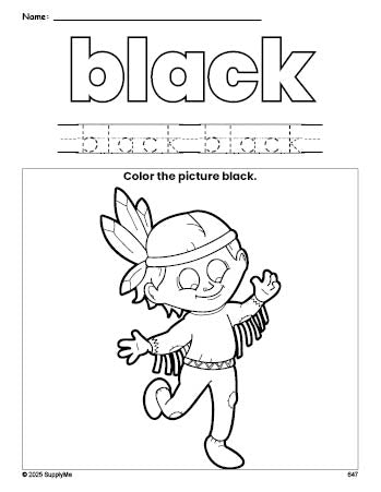 Free Thanksgiving Native American color black coloring page and color worksheet, black worksheet for preschoolers to learn colors, printable PDF