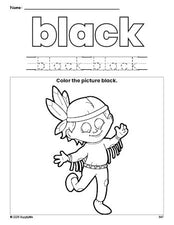 Free Thanksgiving Native American color black coloring page and color worksheet, black worksheet for preschoolers to learn colors, printable PDF