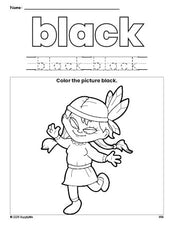 Free Thanksgiving Native American color black coloring page and color worksheet, black worksheet for preschoolers to learn colors, printable PDF