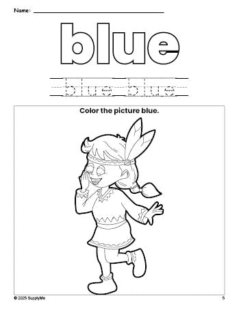 Free Thanksgiving Native American color blue coloring page and color worksheet, blue worksheet for preschoolers to learn colors, printable PDF