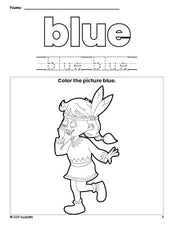 Free Thanksgiving Native American color blue coloring page and color worksheet, blue worksheet for preschoolers to learn colors, printable PDF