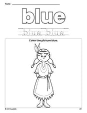 Free Thanksgiving Native American color blue coloring page and color worksheet, blue worksheet for preschoolers to learn colors, printable PDF