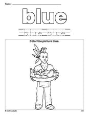 Free Thanksgiving Native American color blue coloring page and color worksheet, blue worksheet for preschoolers to learn colors, printable PDF