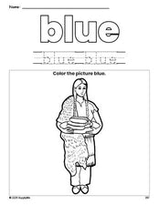 Free Thanksgiving Native American color blue coloring page and color worksheet, blue worksheet for preschoolers to learn colors, printable PDF