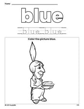 Free Thanksgiving Native American color blue coloring page and color worksheet, blue worksheet for preschoolers to learn colors, printable PDF