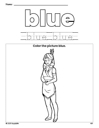 Free Thanksgiving Native American color blue coloring page and color worksheet, blue worksheet for preschoolers to learn colors, printable PDF