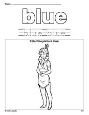 Free Thanksgiving Native American color blue coloring page and color worksheet, blue worksheet for preschoolers to learn colors, printable PDF