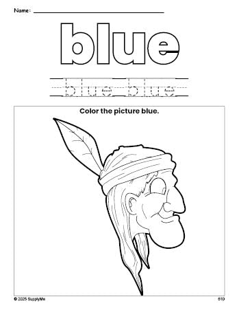 Free Thanksgiving Native American color blue coloring page and color worksheet, blue worksheet for preschoolers to learn colors, printable PDF