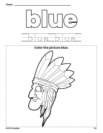 Free Thanksgiving Native American color blue coloring page and color worksheet, blue worksheet for preschoolers to learn colors, printable PDF