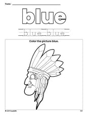 Free Thanksgiving Native American color blue coloring page and color worksheet, blue worksheet for preschoolers to learn colors, printable PDF