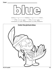 Free Thanksgiving Native American color blue coloring page and color worksheet, blue worksheet for preschoolers to learn colors, printable PDF