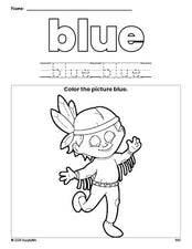 Free Thanksgiving Native American color blue coloring page and color worksheet, blue worksheet for preschoolers to learn colors, printable PDF