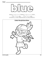 Free Thanksgiving Native American color blue coloring page and color worksheet, blue worksheet for preschoolers to learn colors, printable PDF