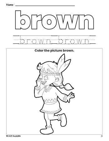 Free Thanksgiving Native American color brown coloring page and color worksheet, brown worksheet for preschoolers to learn colors, printable PDF