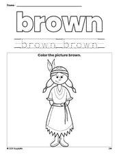 Free Thanksgiving Native American color brown coloring page and color worksheet, brown worksheet for preschoolers to learn colors, printable PDF