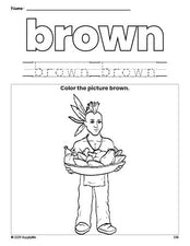 Free Thanksgiving Native American color brown coloring page and color worksheet, brown worksheet for preschoolers to learn colors, printable PDF