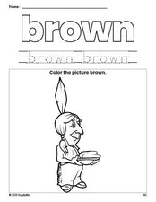 Free Thanksgiving Native American color brown coloring page and color worksheet, brown worksheet for preschoolers to learn colors, printable PDF