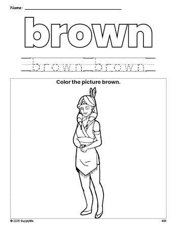 Free Thanksgiving Native American color brown coloring page and color worksheet, brown worksheet for preschoolers to learn colors, printable PDF