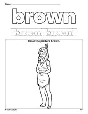 Free Thanksgiving Native American color brown coloring page and color worksheet, brown worksheet for preschoolers to learn colors, printable PDF