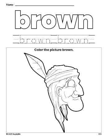 Free Thanksgiving Native American color brown coloring page and color worksheet, brown worksheet for preschoolers to learn colors, printable PDF