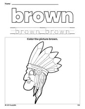 Free Thanksgiving Native American color brown coloring page and color worksheet, brown worksheet for preschoolers to learn colors, printable PDF