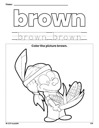 Free Thanksgiving Native American color brown coloring page and color worksheet, brown worksheet for preschoolers to learn colors, printable PDF