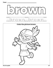 Free Thanksgiving Native American color brown coloring page and color worksheet, brown worksheet for preschoolers to learn colors, printable PDF