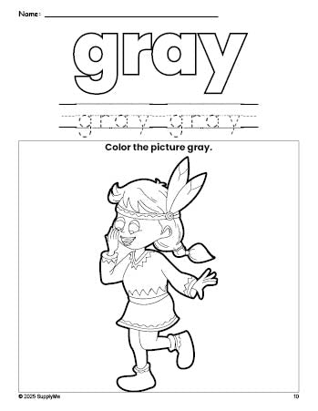 Free Thanksgiving Native American color gray coloring page and color worksheet, gray worksheet for preschoolers to learn colors, printable PDF