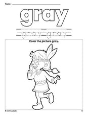 Free Thanksgiving Native American color gray coloring page and color worksheet, gray worksheet for preschoolers to learn colors, printable PDF