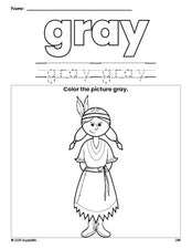 Free Thanksgiving Native American color gray coloring page and color worksheet, gray worksheet for preschoolers to learn colors, printable PDF