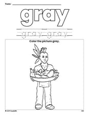 Free Thanksgiving Native American color gray coloring page and color worksheet, gray worksheet for preschoolers to learn colors, printable PDF