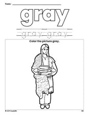 Free Thanksgiving Native American color gray coloring page and color worksheet, gray worksheet for preschoolers to learn colors, printable PDF