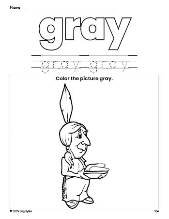 Free Thanksgiving Native American color gray coloring page and color worksheet, gray worksheet for preschoolers to learn colors, printable PDF