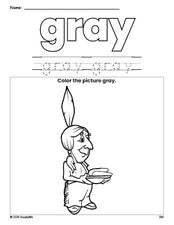 Free Thanksgiving Native American color gray coloring page and color worksheet, gray worksheet for preschoolers to learn colors, printable PDF