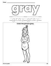 Free Thanksgiving Native American color gray coloring page and color worksheet, gray worksheet for preschoolers to learn colors, printable PDF