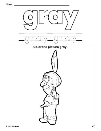 Free Thanksgiving Native American color gray coloring page and color worksheet, gray worksheet for preschoolers to learn colors, printable PDF