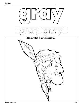 Free Thanksgiving Native American color gray coloring page and color worksheet, gray worksheet for preschoolers to learn colors, printable PDF