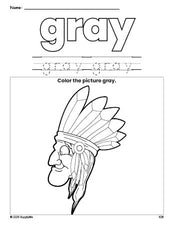 Free Thanksgiving Native American color gray coloring page and color worksheet, gray worksheet for preschoolers to learn colors, printable PDF