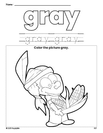 Free Thanksgiving Native American color gray coloring page and color worksheet, gray worksheet for preschoolers to learn colors, printable PDF