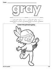 Free Thanksgiving Native American color gray coloring page and color worksheet, gray worksheet for preschoolers to learn colors, printable PDF