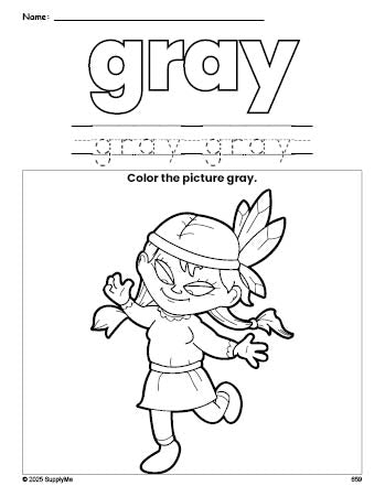 Free Thanksgiving Native American color gray coloring page and color worksheet, gray worksheet for preschoolers to learn colors, printable PDF