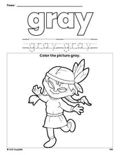 Free Thanksgiving Native American color gray coloring page and color worksheet, gray worksheet for preschoolers to learn colors, printable PDF