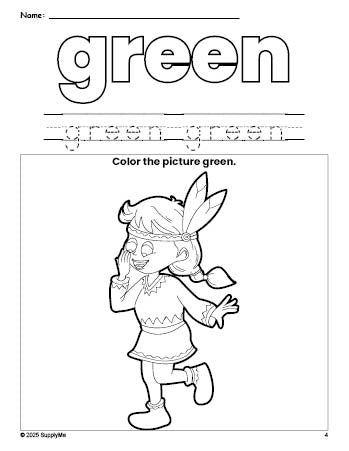 Free Thanksgiving Native American color green coloring page and color worksheet, green worksheet for preschoolers to learn colors, printable PDF