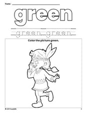 Free Thanksgiving Native American color green coloring page and color worksheet, green worksheet for preschoolers to learn colors, printable PDF