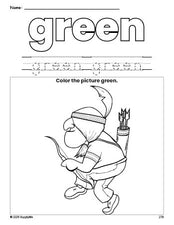 Free Thanksgiving Native American color green coloring page and color worksheet, green worksheet for preschoolers to learn colors, printable PDF