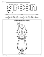 Free Thanksgiving Native American color green coloring page and color worksheet, green worksheet for preschoolers to learn colors, printable PDF