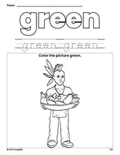 Free Thanksgiving Native American color green coloring page and color worksheet, green worksheet for preschoolers to learn colors, printable PDF